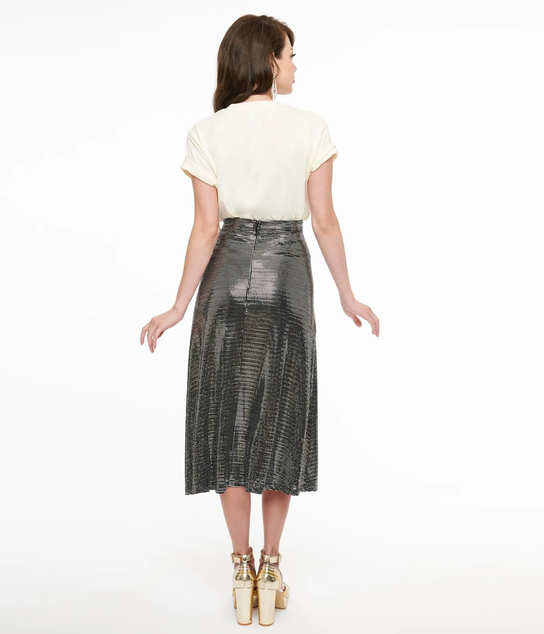 1970s Silver Boogie Night Midi Skirt