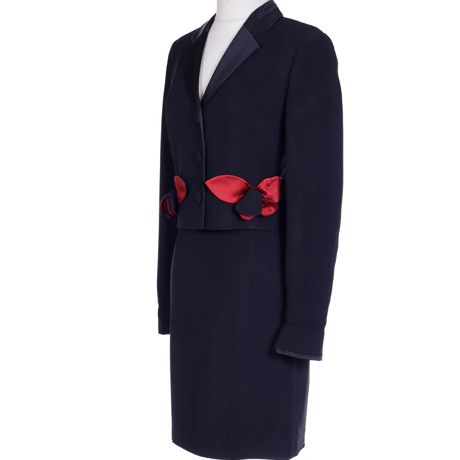 1990s Moschino Cheap & Chic Black Jacket & Skirt Suit w Red Flowers