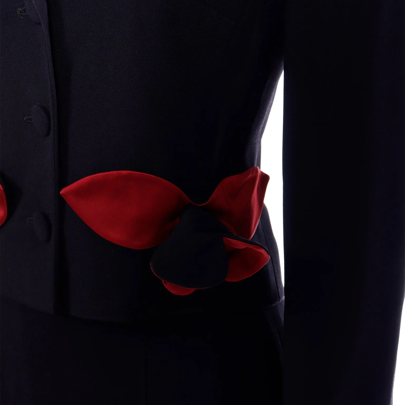 1990s Moschino Cheap & Chic Black Jacket & Skirt Suit w Red Flowers