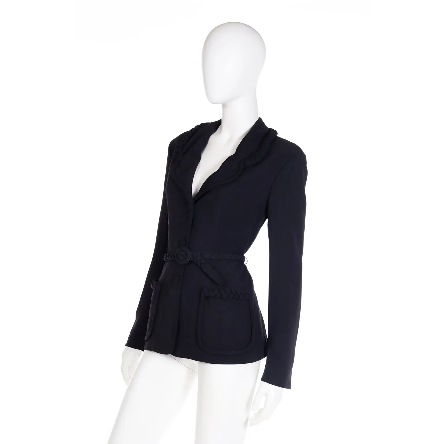 1990s Moschino Cheap and Chic Black Belted Jacket w Braid Detail