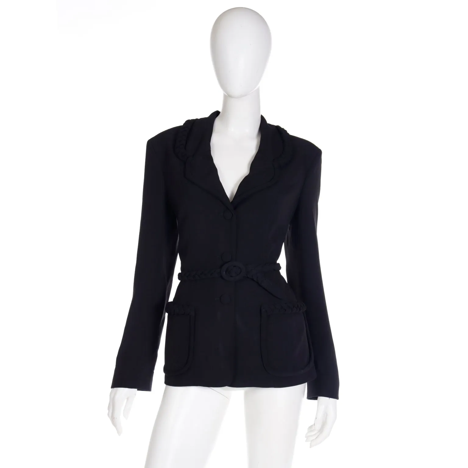 1990s Moschino Cheap and Chic Black Belted Jacket w Braid Detail