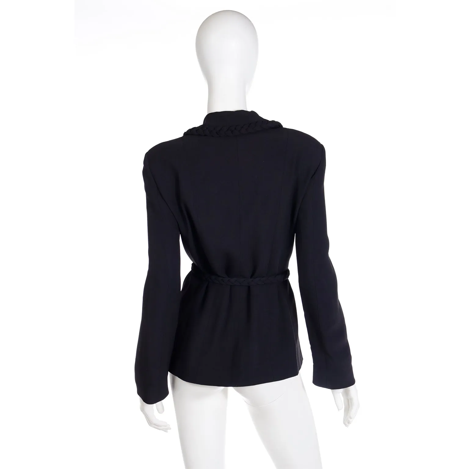 1990s Moschino Cheap and Chic Black Belted Jacket w Braid Detail