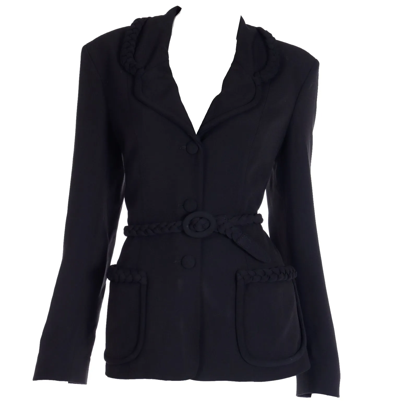 1990s Moschino Cheap and Chic Black Belted Jacket w Braid Detail