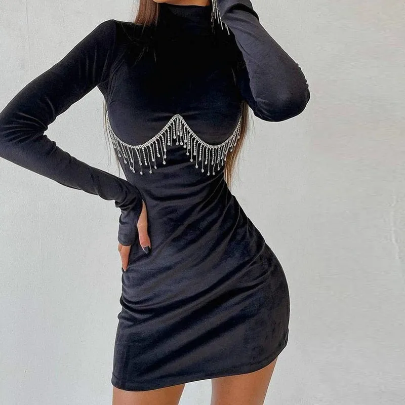 Amy Fashion - Elegant Tassel Velvet Bodycon Party Dresses