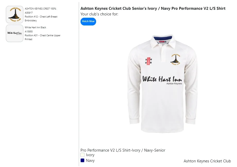 Ashton Keynes Cricket Club Senior's Ivory / Navy Pro Performance V2 L/S Shirt