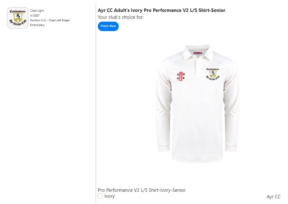 Ayr CC Adult's Ivory Pro Performance V2 L/S Shirt-Senior