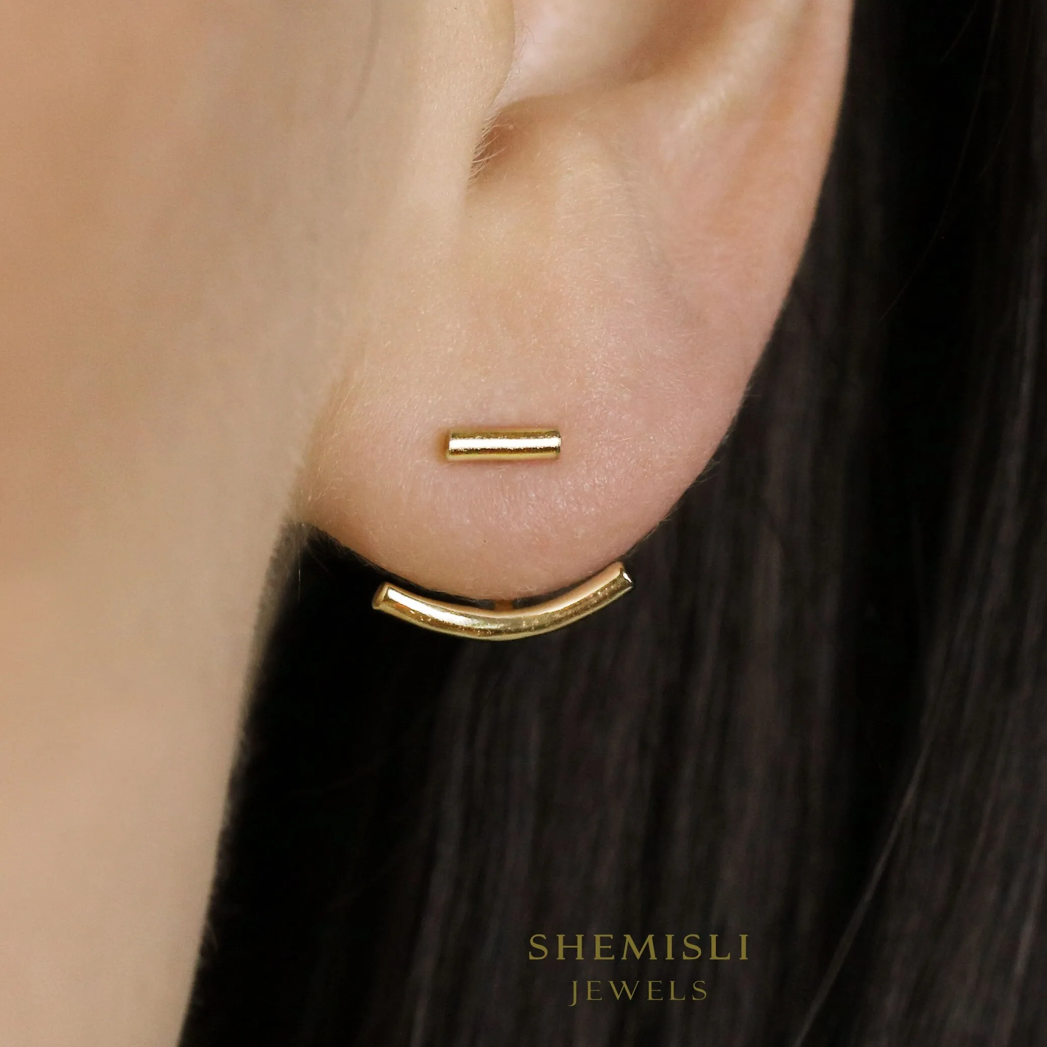 Bar Ear Jackets, Curved Front And Back Earrings, Unisex, Gold, Silver SHEMISLI SJ014