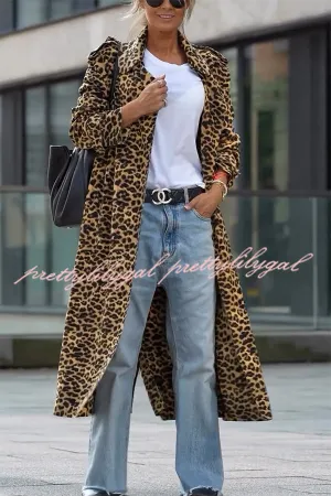 Be Free Velvet Leopard Print Long Sleeve Loose Midi Trench Coat