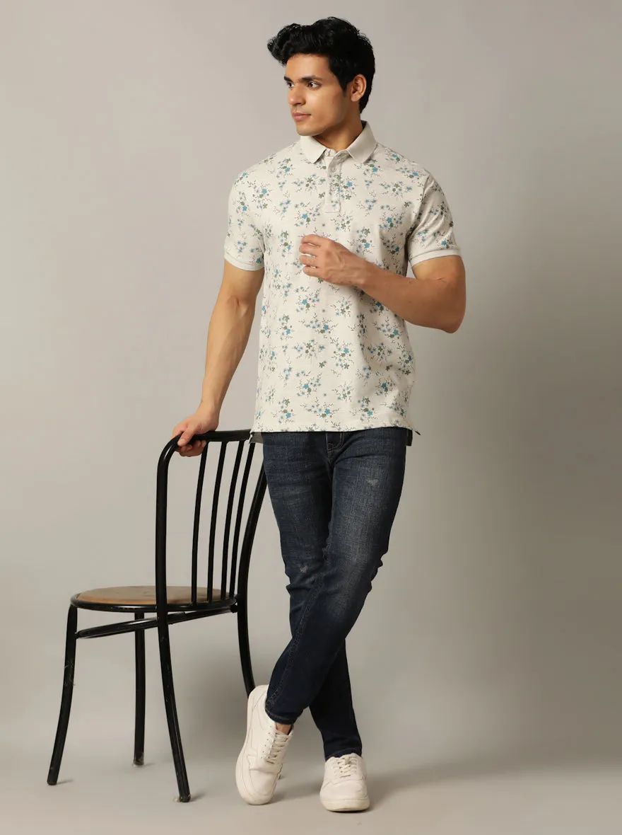 Beige Printed Slim Fit Polo T-Shirt | JadeBlue