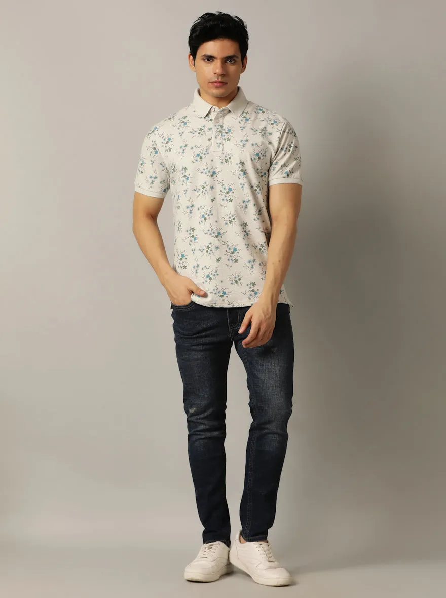 Beige Printed Slim Fit Polo T-Shirt | JadeBlue