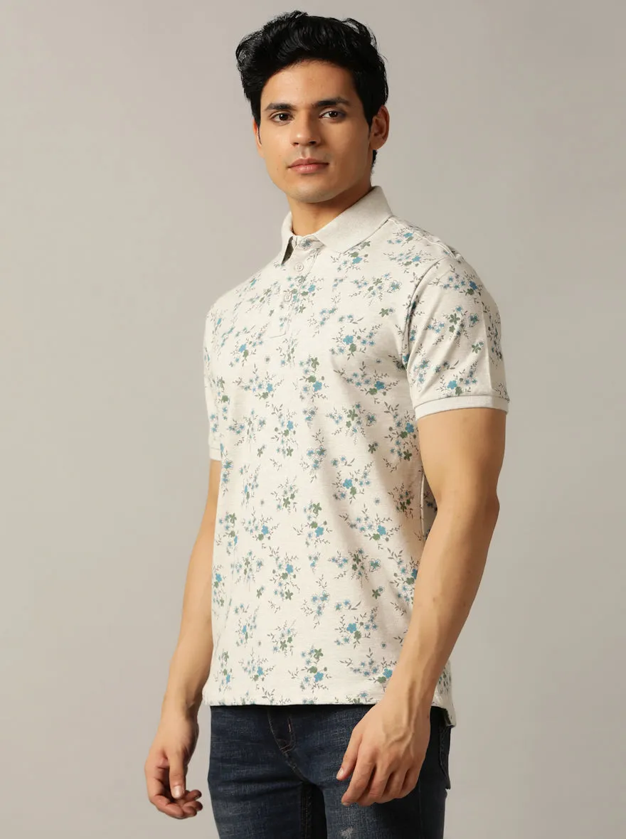 Beige Printed Slim Fit Polo T-Shirt | JadeBlue