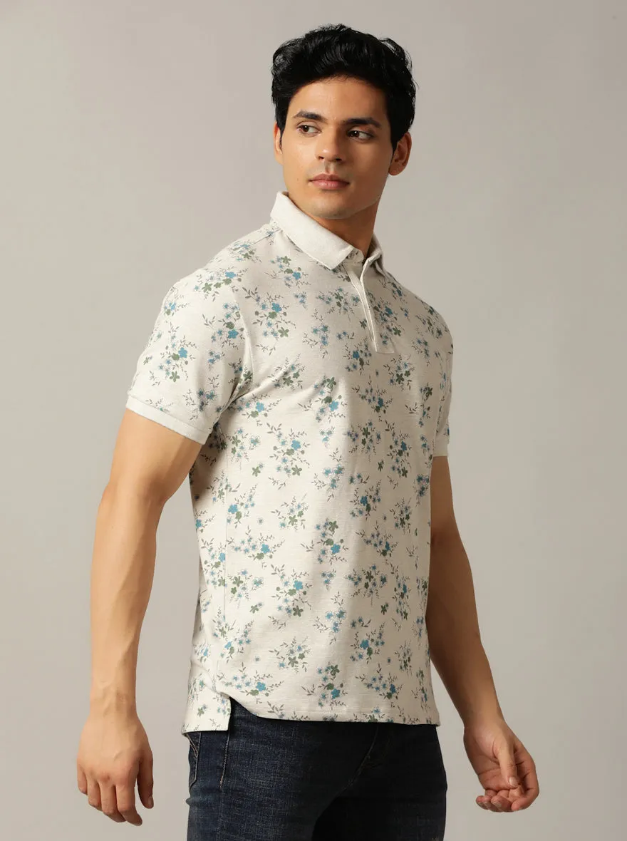 Beige Printed Slim Fit Polo T-Shirt | JadeBlue