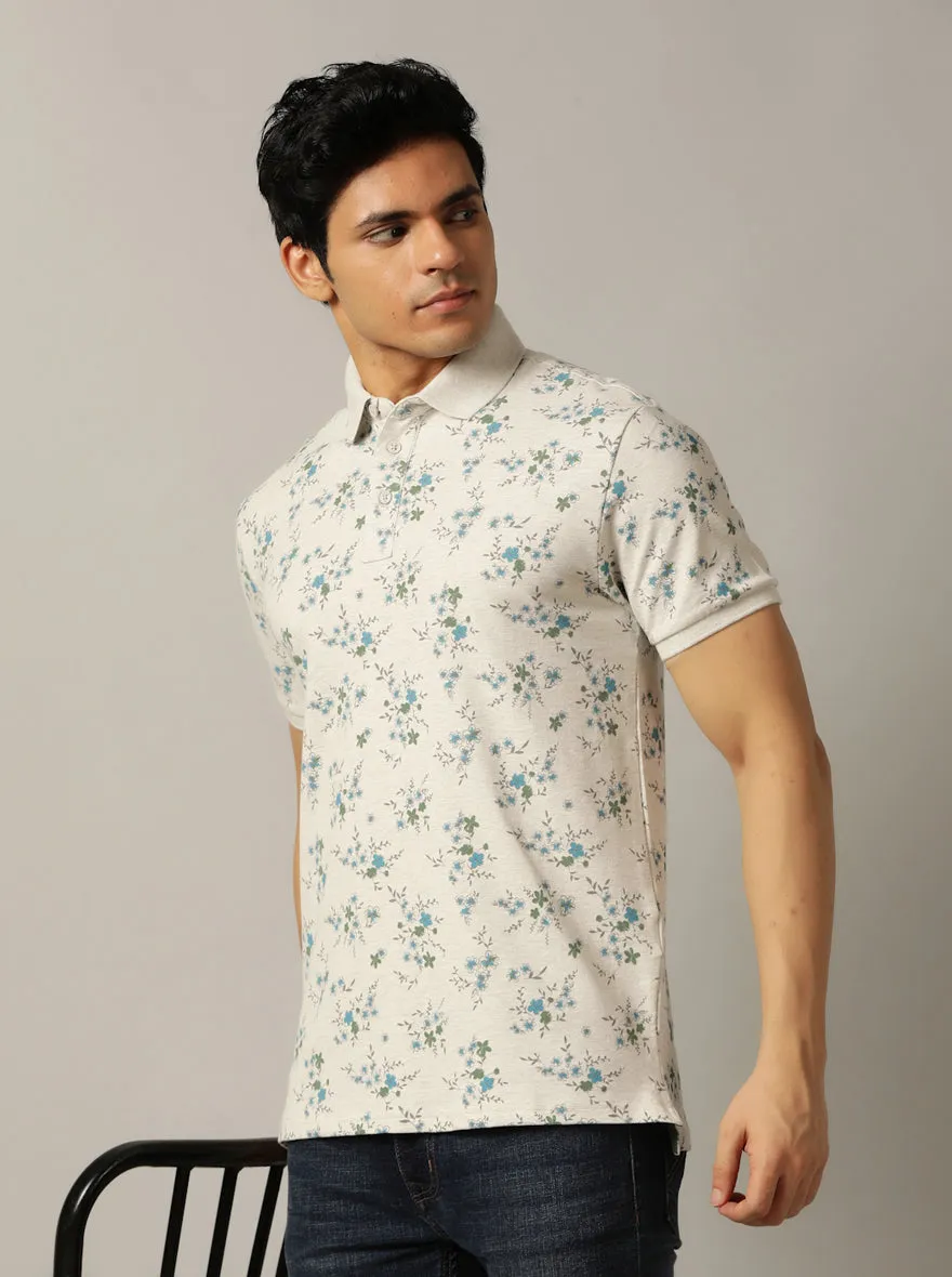 Beige Printed Slim Fit Polo T-Shirt | JadeBlue