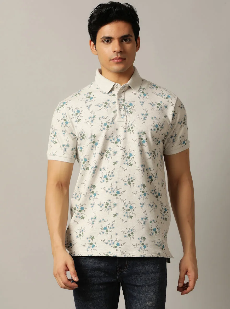 Beige Printed Slim Fit Polo T-Shirt | JadeBlue