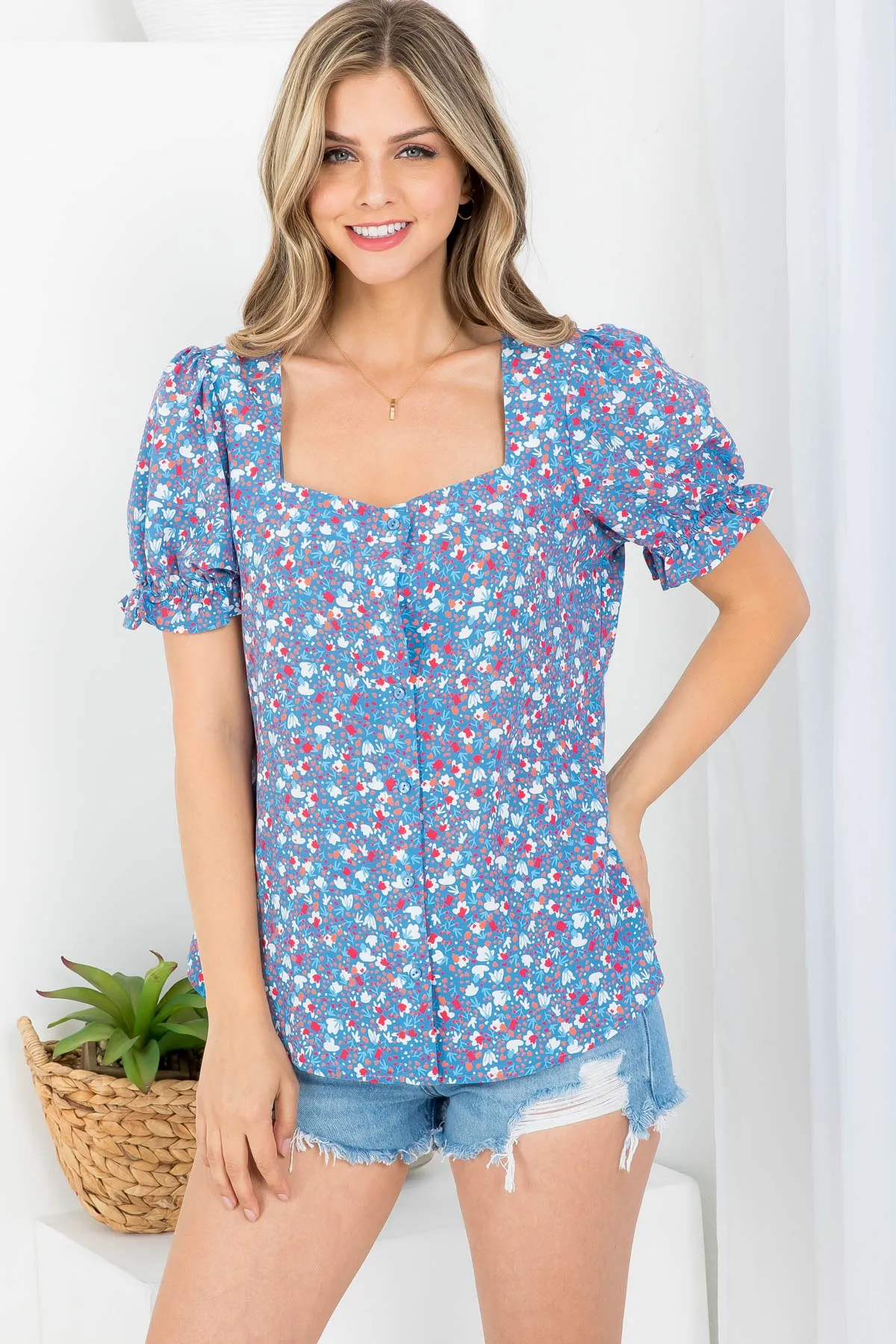 Blue Floral Print Square Neckline Button Down Puffed Sleeve Top