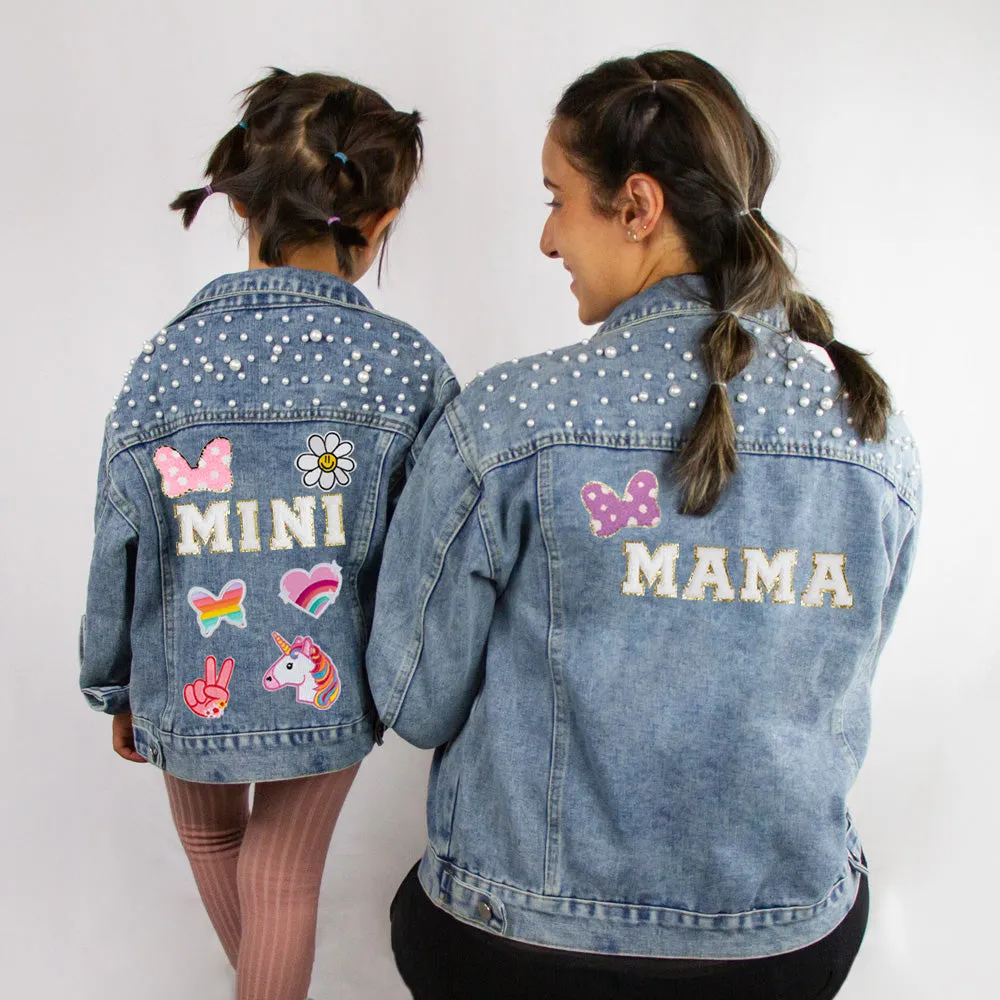 (Blue Pearl) Mama and Mini Pink Patch Pearl Denim Jacket