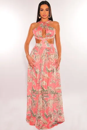 Blush Floral Print Padded Cut Out Open Back Maxi Dress