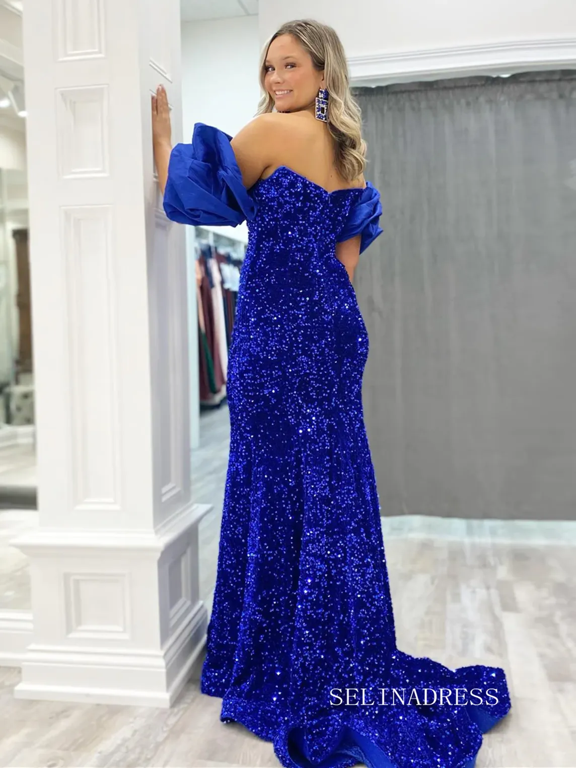 Chic Mermaid Royal Blue Long Prom Dresses Elegant Sequins Cheap Evening Dress lpk143