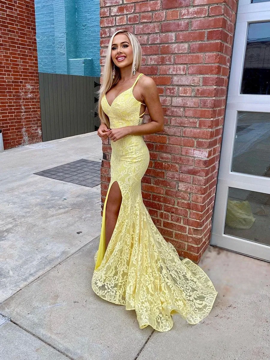 Chic Two Pieces Double Spaghetti Straps Lace Long Prom Dress Daffodils Elegant Party Dress #JKSS46