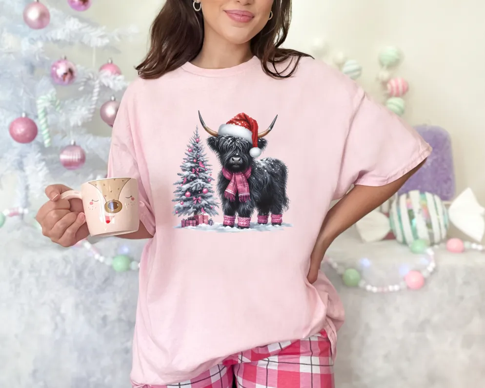 Christmas Black Highland Cow with Christmas Tree | HC2