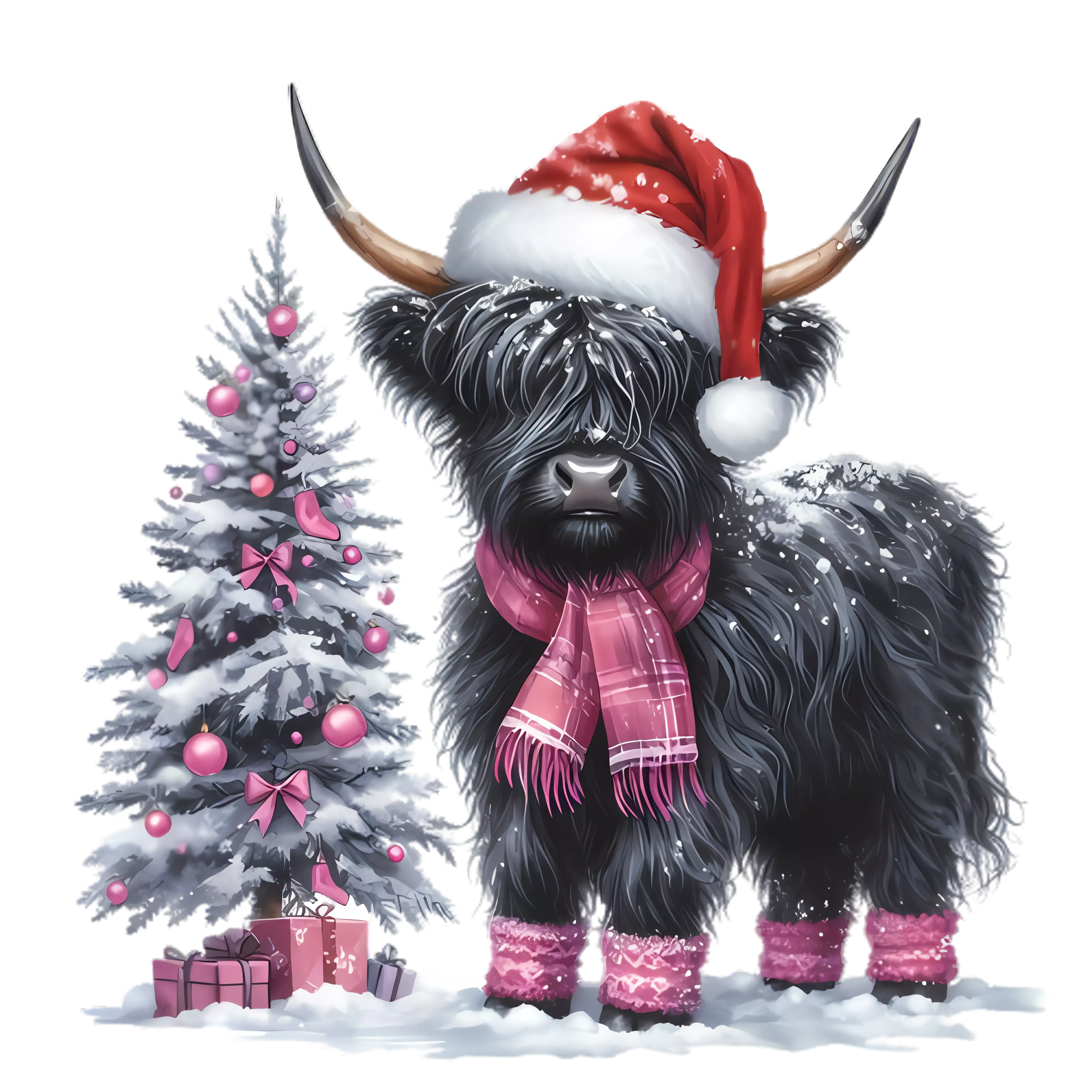 Christmas Black Highland Cow with Christmas Tree | HC2