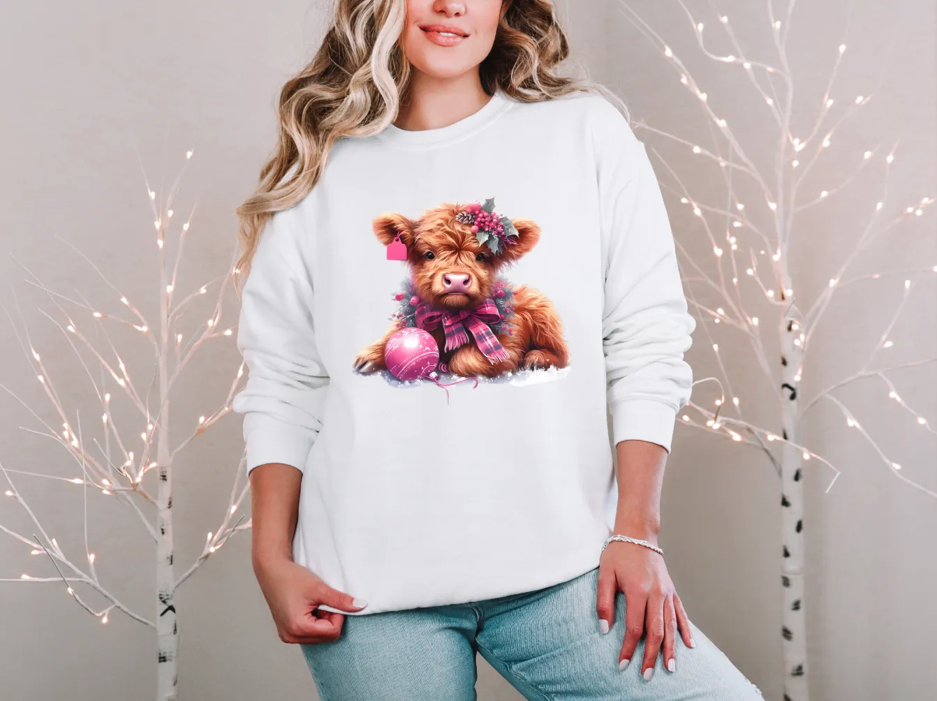 Christmas Pink Highland Cow w/Ornament | Shirt | HC5