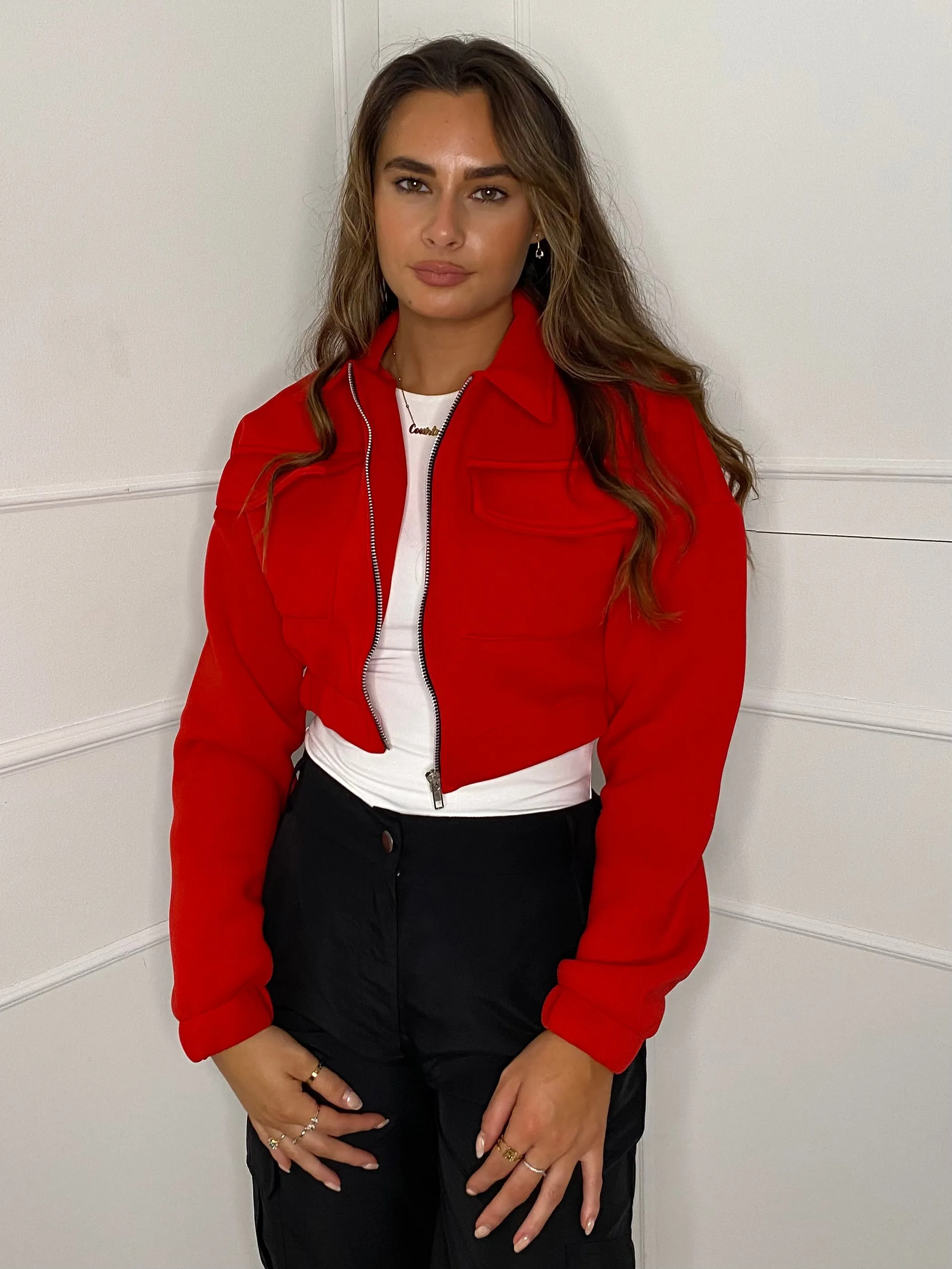 Collar Pocket Detail Cropped Jacket - Red