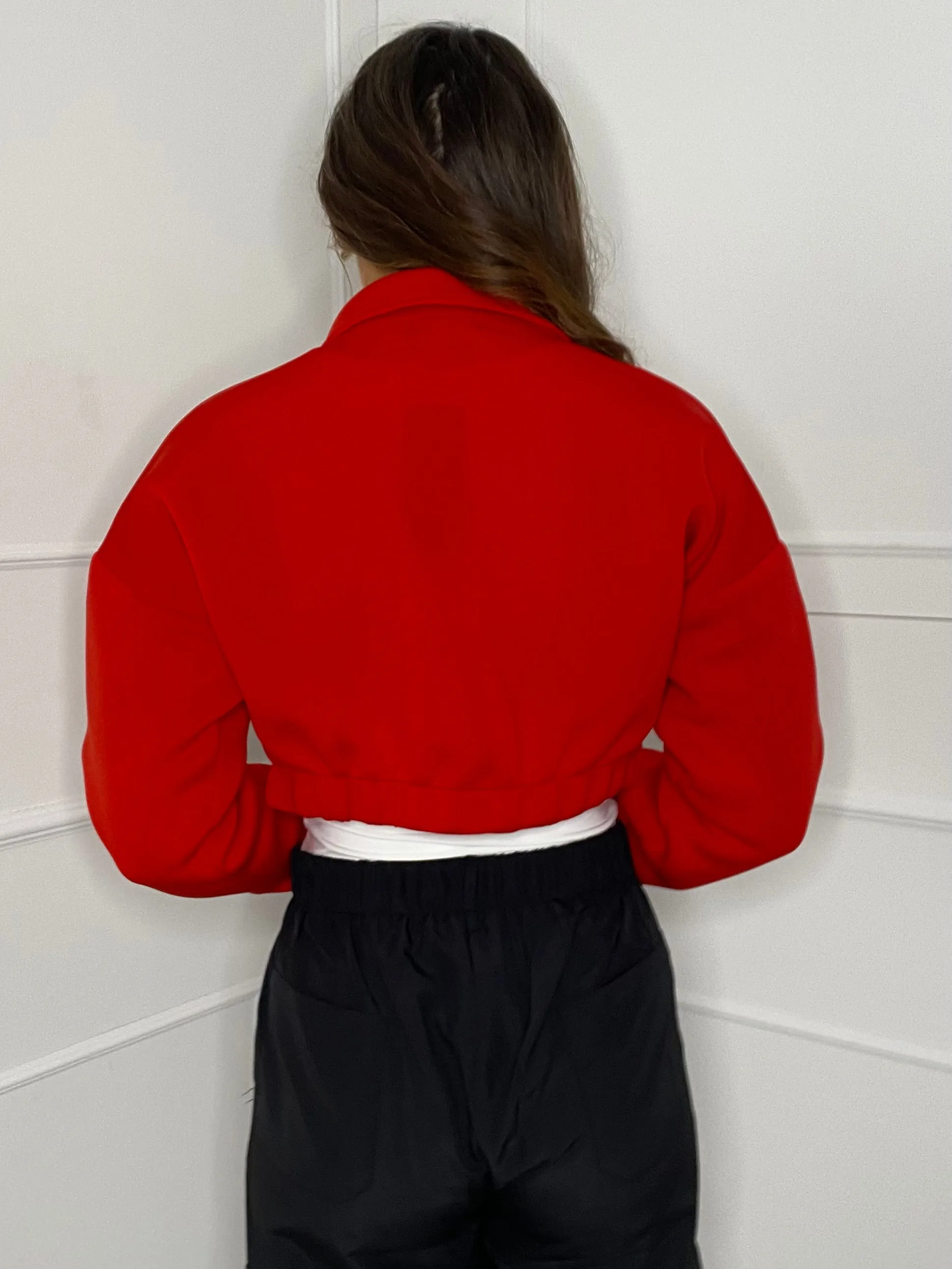 Collar Pocket Detail Cropped Jacket - Red