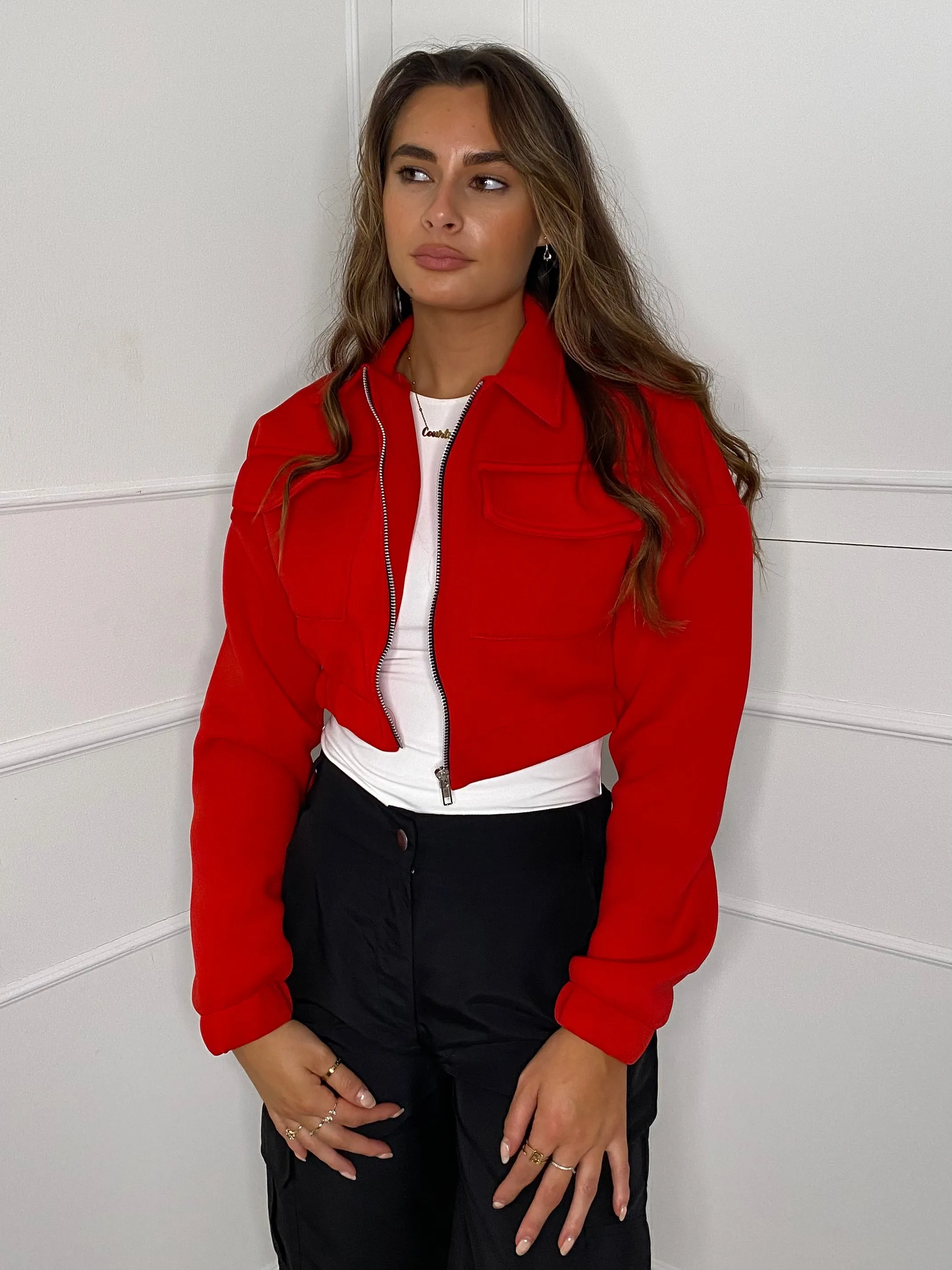 Collar Pocket Detail Cropped Jacket - Red