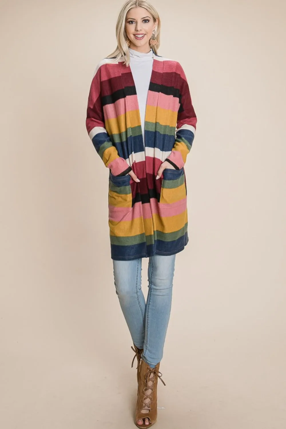 Color Block Striped Open Front Cardigan