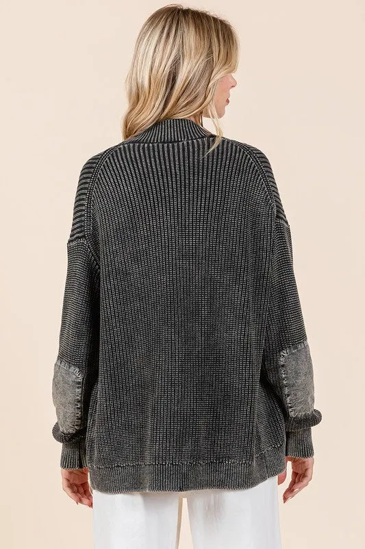 Contrast Patch Open Front Mineral Wash Cardigan