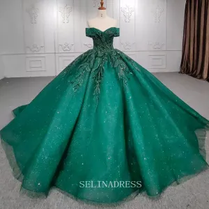 Elegant Off Shoulder Green Beaded Sequins Ball Gown Evening Dress For Women DY9957