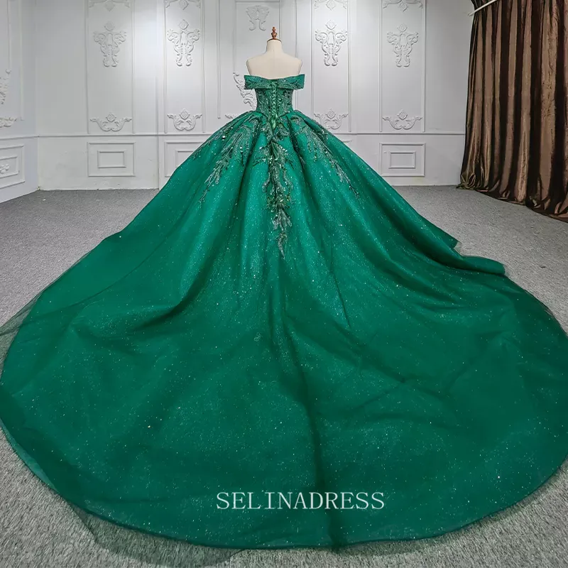 Elegant Off Shoulder Green Beaded Sequins Ball Gown Evening Dress For Women DY9957