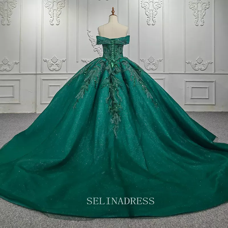 Elegant Off Shoulder Green Beaded Sequins Ball Gown Evening Dress For Women DY9957