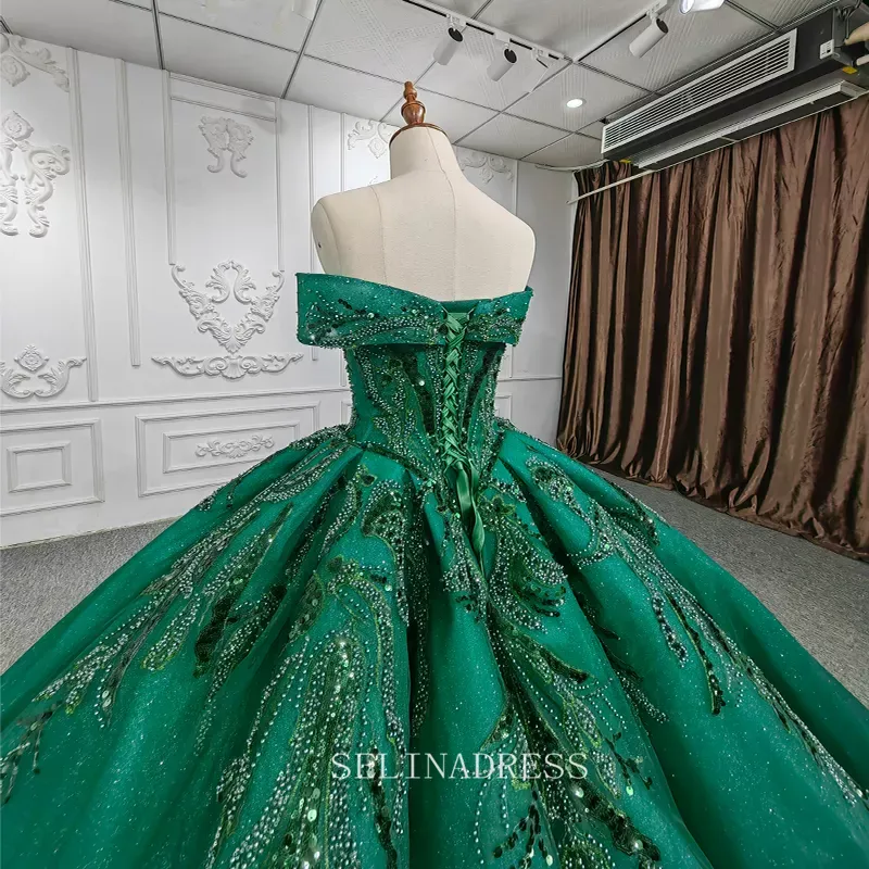 Elegant Off Shoulder Green Beaded Sequins Ball Gown Evening Dress For Women DY9957