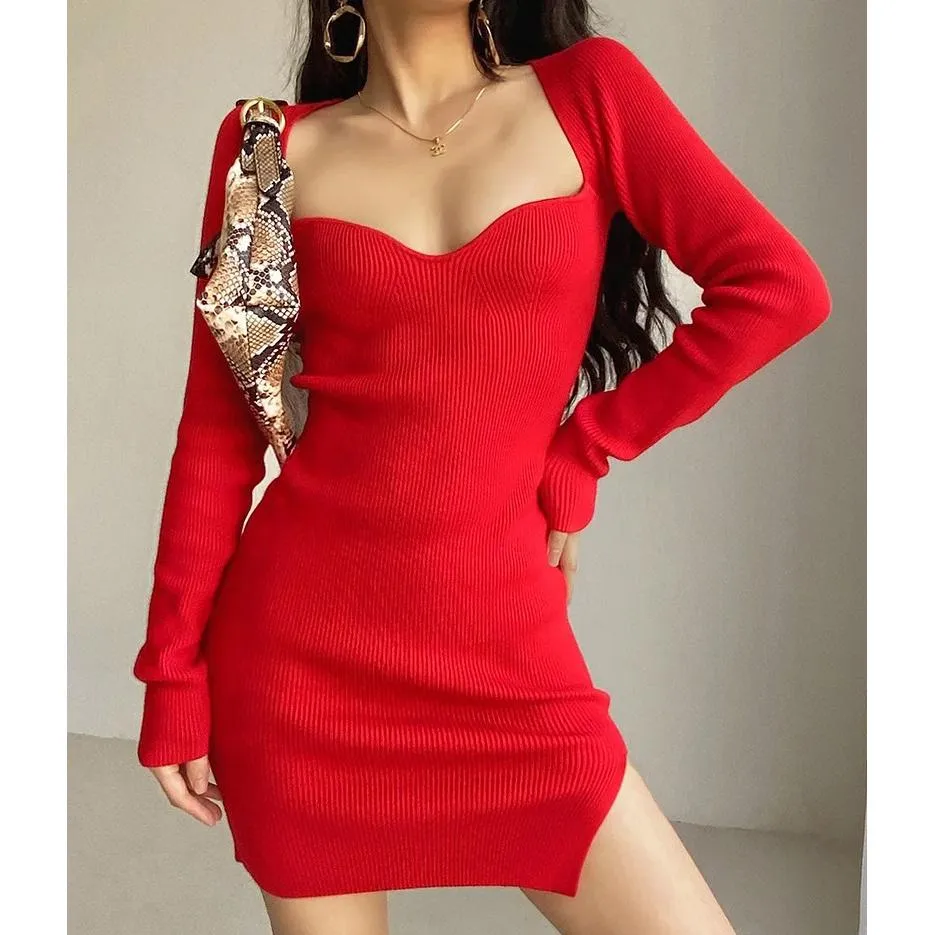 Elegant Square Neck Ribbed Knitted Dress