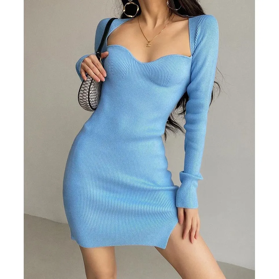 Elegant Square Neck Ribbed Knitted Dress