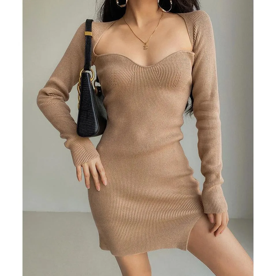 Elegant Square Neck Ribbed Knitted Dress