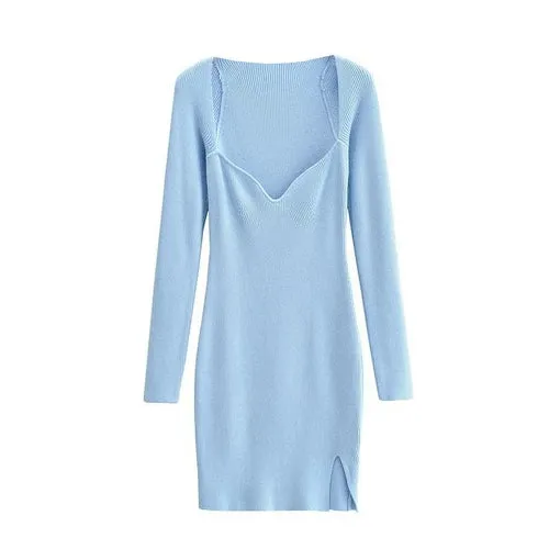 Elegant Square Neck Ribbed Knitted Dress