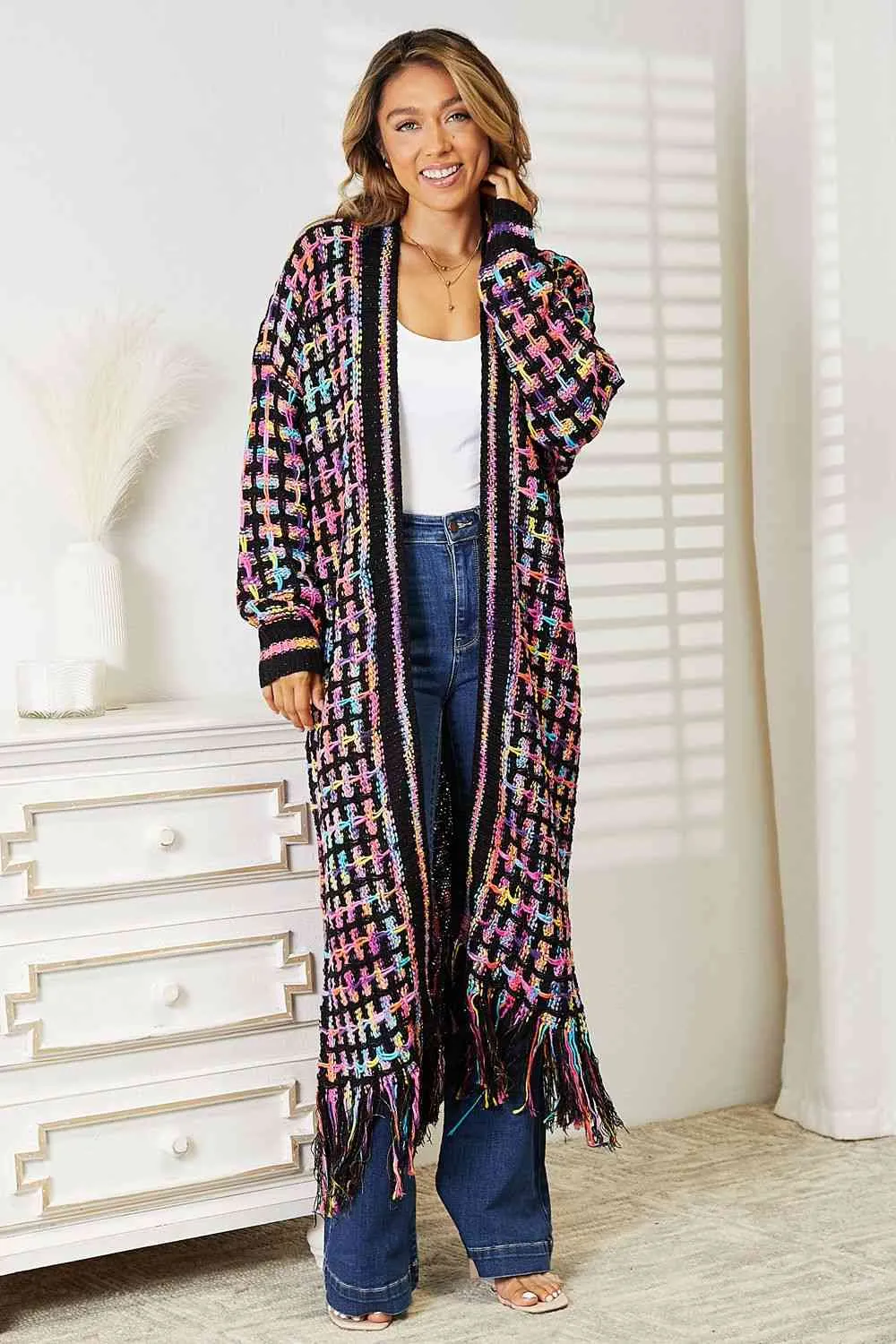 Full Size Multicolored Open Front Fringe Hem Cardigan