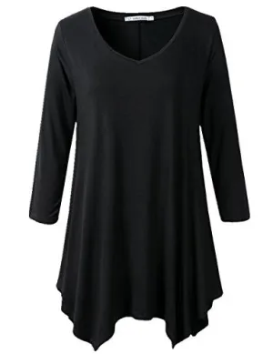 JollieLovin Womens Plus Size 3/4 Sleeve V-neck Flare Hem Loose-fit Tunic Top (2X, A BLACK)