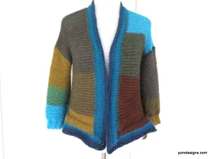 Large Color Block Hand Knit Cardigan, Trendy Knitwear