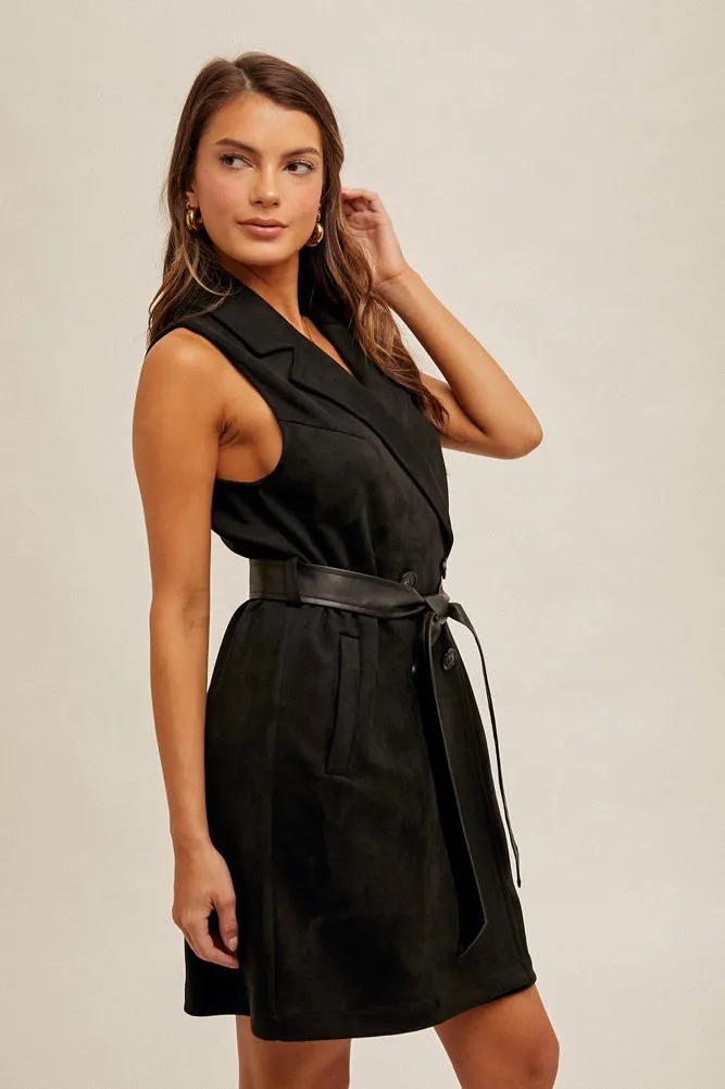 Leather Belt Suede Longline Vest in Black by Hem & Thread