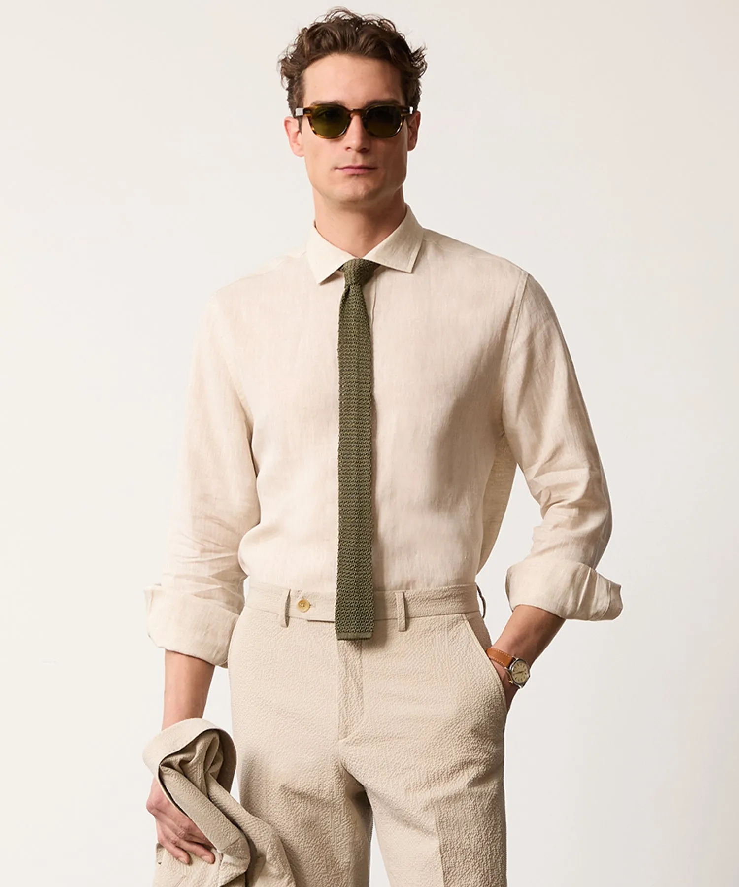 Linen Spread Collar Dress Shirt in Sand