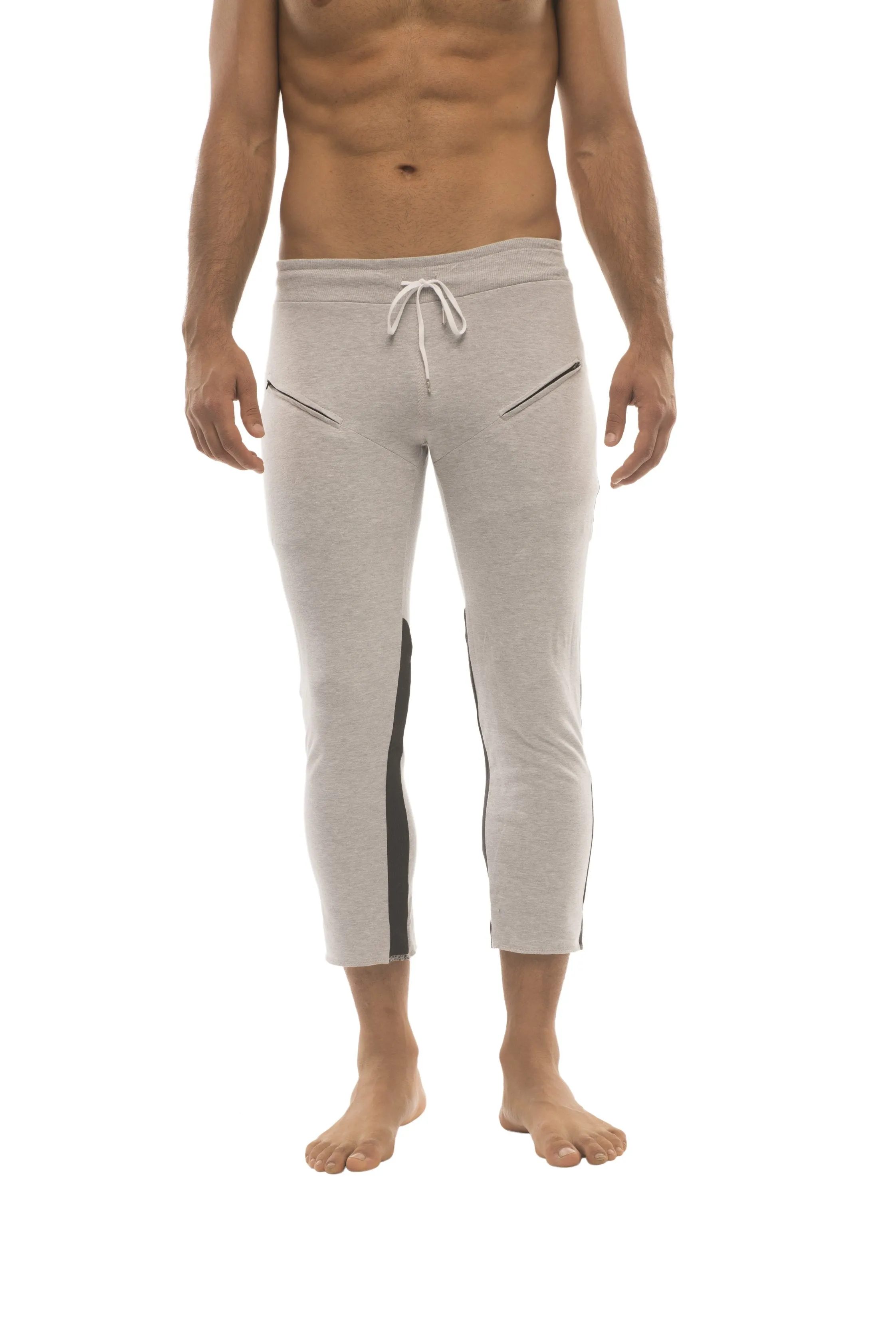 Mens 4/5 Zipper Pocket Capri Yoga Pants (GREY w/Charcoal & Black) by 4-rth