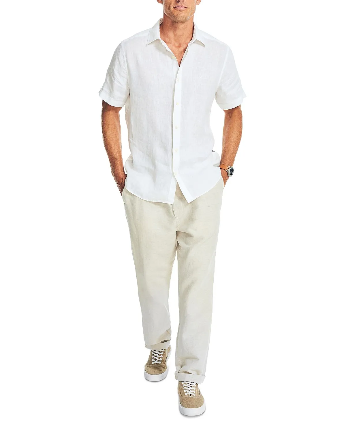 Nautica Men's Plain Linen Regular Fit Shirt with Short Sleeves white