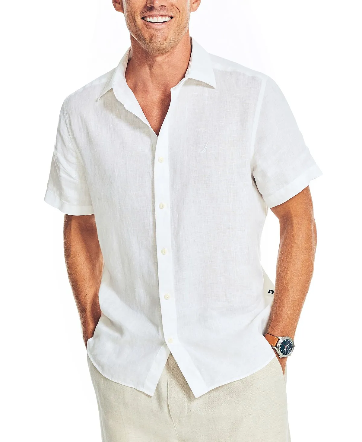 Nautica Men's Plain Linen Regular Fit Shirt with Short Sleeves white