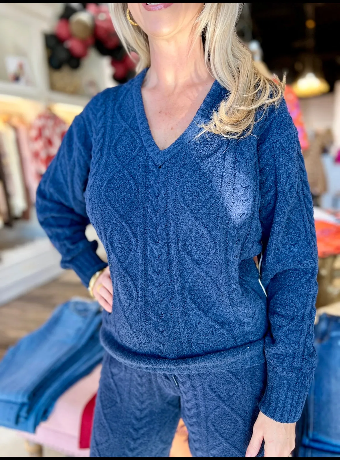 PJ Salvage Chenille Cozy Cable Sweater and pant Midnight Navy