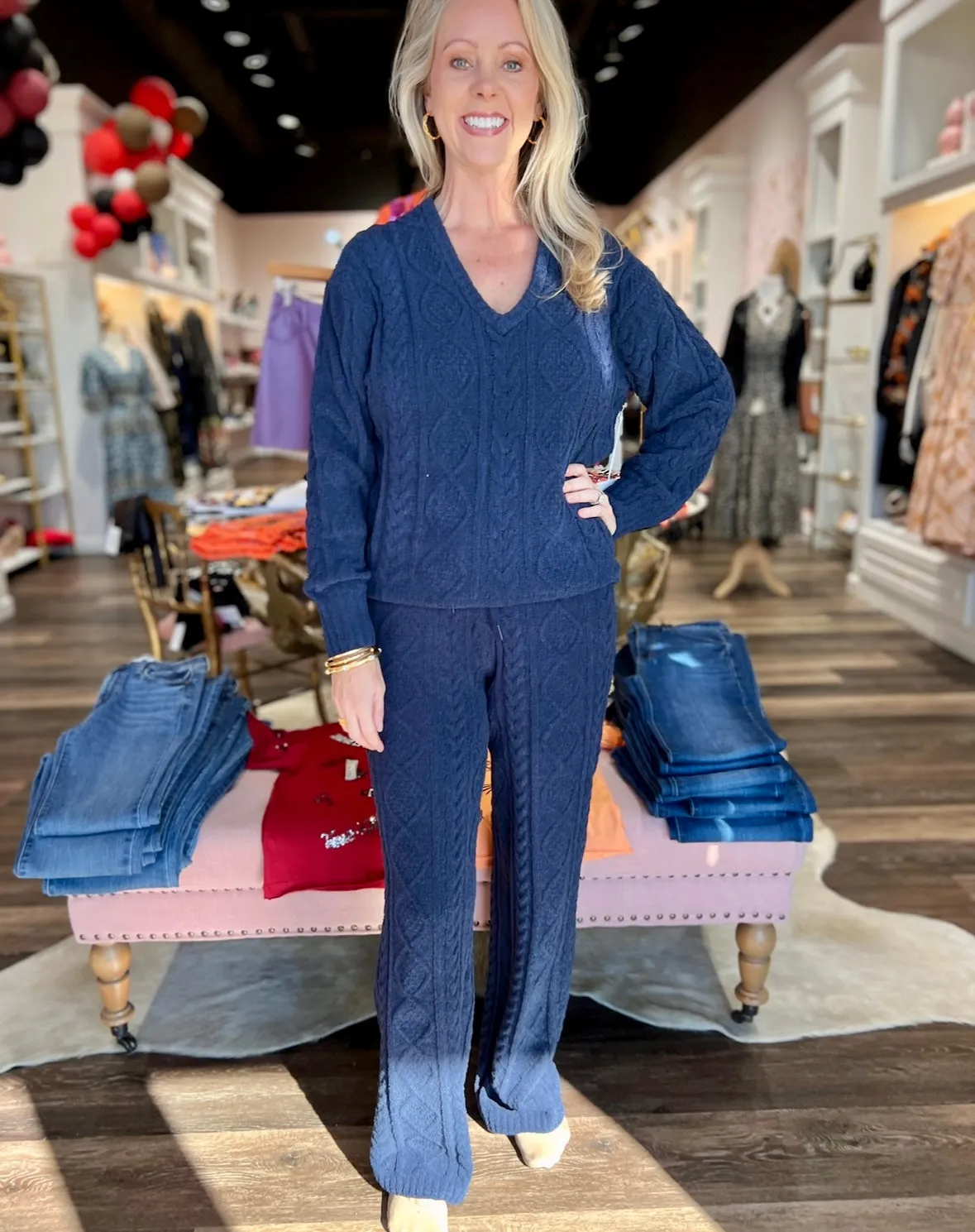 PJ Salvage Chenille Cozy Cable Sweater and pant Midnight Navy