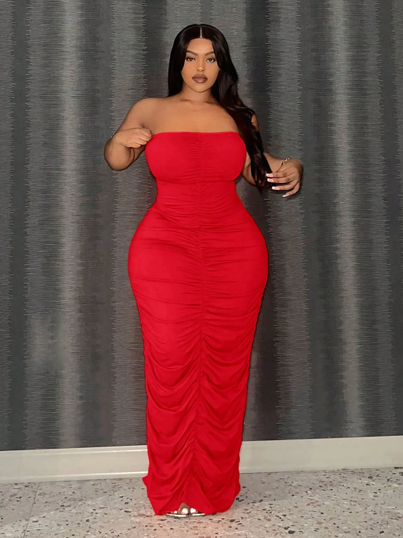 Plus Size Pleated Strapless Long Elegant Bodycon Dress